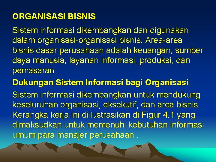 ORGANISASI BISNIS Sistem informasi dikembangkan digunakan dalam organisasi-organisasi bisnis. Area-area bisnis dasar perusahaan adalah