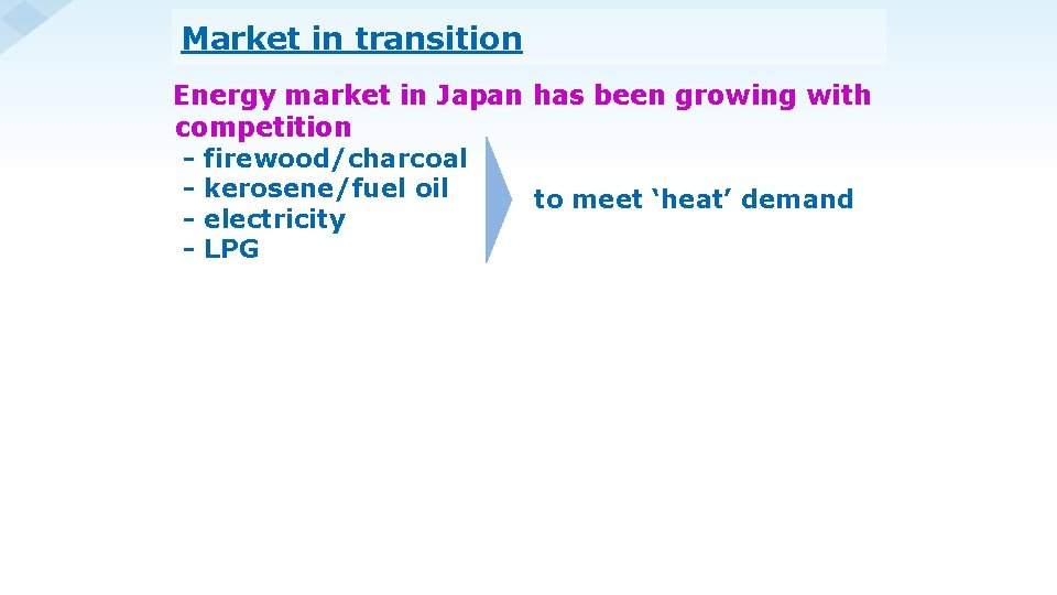 Market in transition Energy market in Japan has been growing with competition - firewood/charcoal