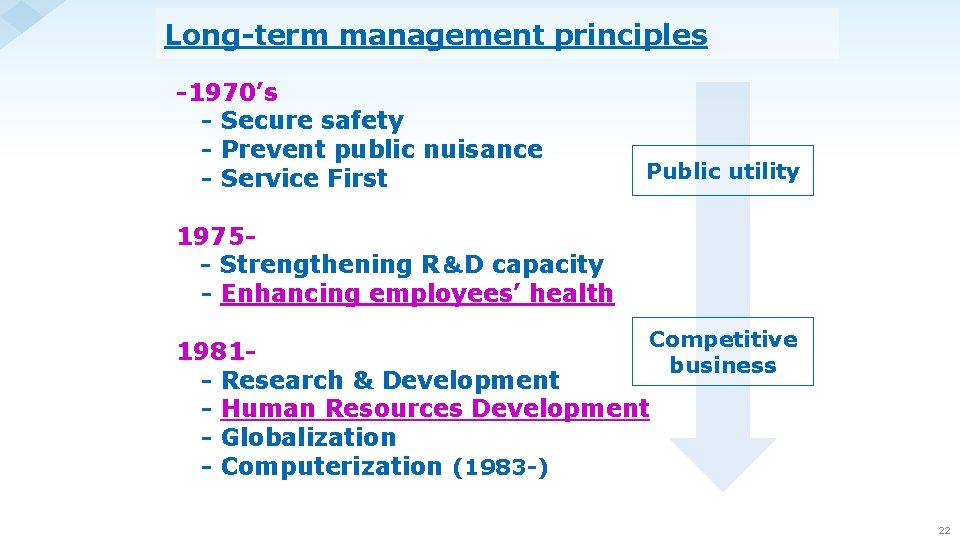 Long-term management principles -1970’s - Secure safety - Prevent public nuisance - Service First