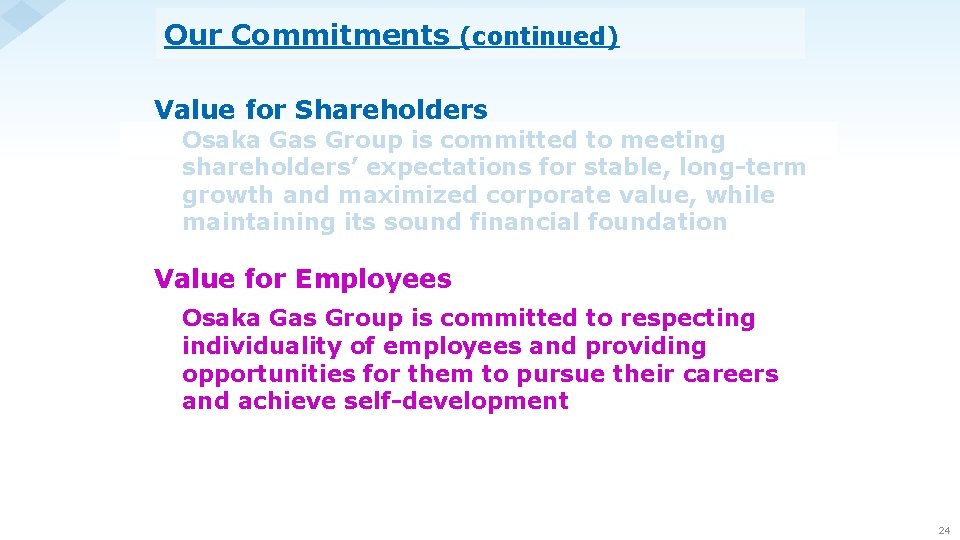 Our Commitments (continued) Value for Shareholders Osaka Gas Group is committed to meeting shareholders’