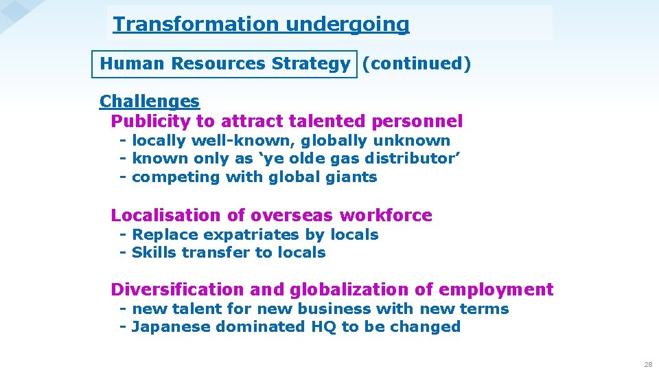 Transformation undergoing Human Resources Strategy (continued) Challenges Publicity to attract talented personnel - locally