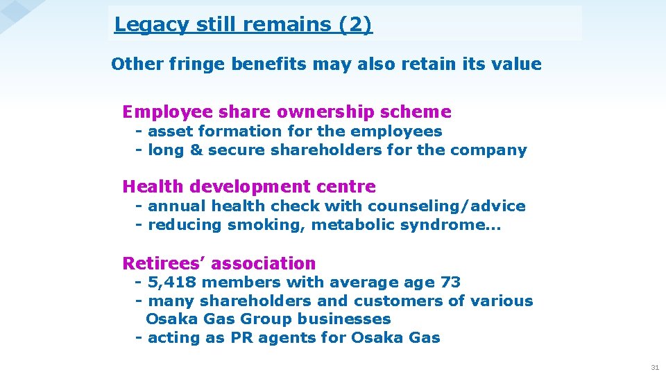 Legacy still remains (2) Other fringe benefits may also retain its value Employee share