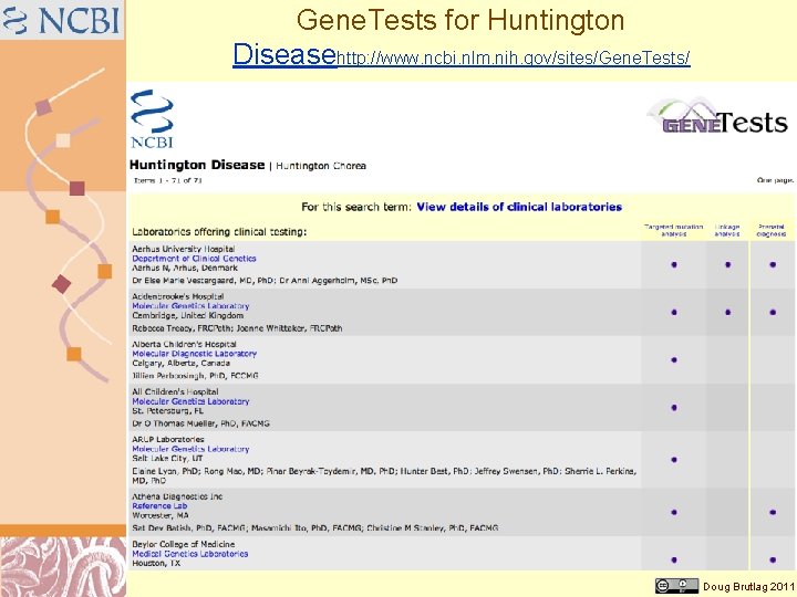 Gene. Tests for Huntington Diseasehttp: //www. ncbi. nlm. nih. gov/sites/Gene. Tests/ Doug Brutlag 2011