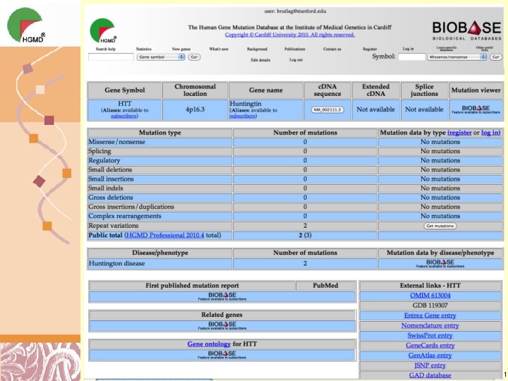 Human Gene Mutation Database http: //www. hgmd. cf. ac. uk/ac/ Doug Brutlag 2011 