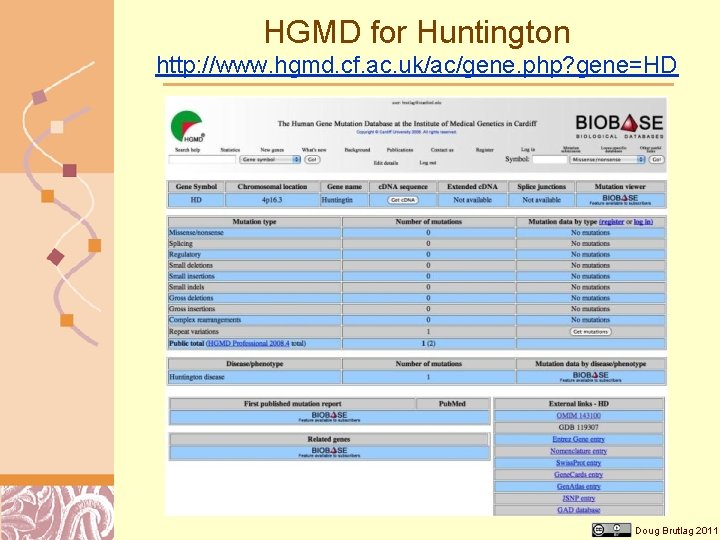 HGMD for Huntington http: //www. hgmd. cf. ac. uk/ac/gene. php? gene=HD Doug Brutlag 2011