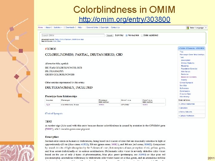 Colorblindness in OMIM http: //omim. org/entry/303800 Doug Brutlag 2011 