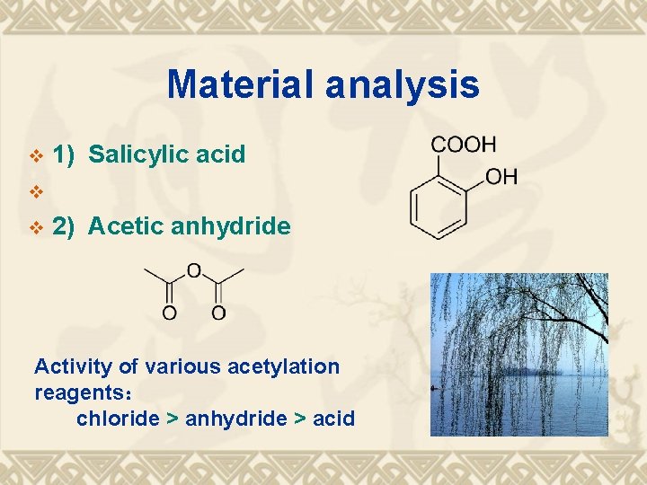 Material analysis 1) Salicylic acid v v 2) Acetic anhydride v Activity of various