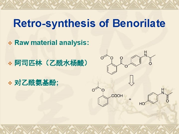 Retro-synthesis of Benorilate v Raw material analysis: v 阿司匹林（乙酰水杨酸） v 对乙酰氨基酚; 