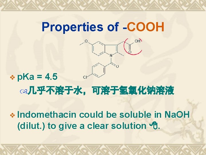 Properties of -COOH v p. Ka = 4. 5 几乎不溶于水，可溶于氢氧化钠溶液 v Indomethacin could be