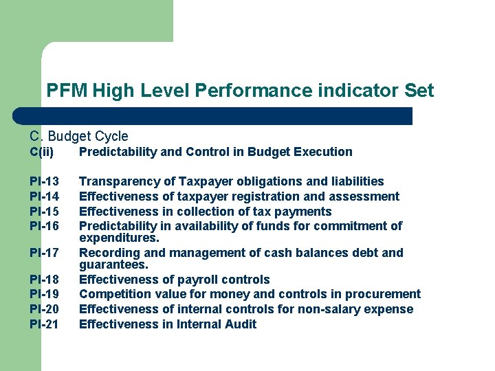 PFM High Level Performance indicator Set C. Budget Cycle C(ii) Predictability and Control in