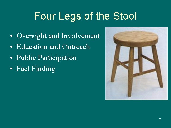Four Legs of the Stool • • Oversight and Involvement Education and Outreach Public