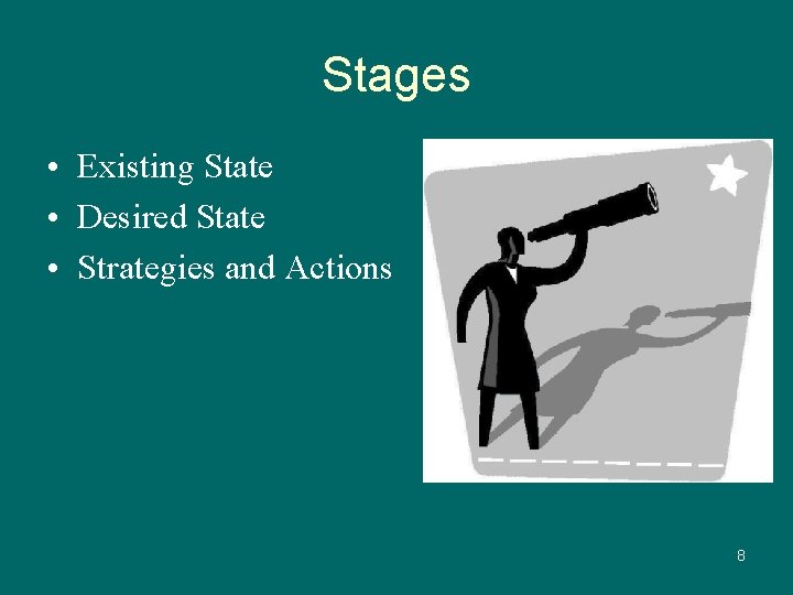 Stages • Existing State • Desired State • Strategies and Actions 8 