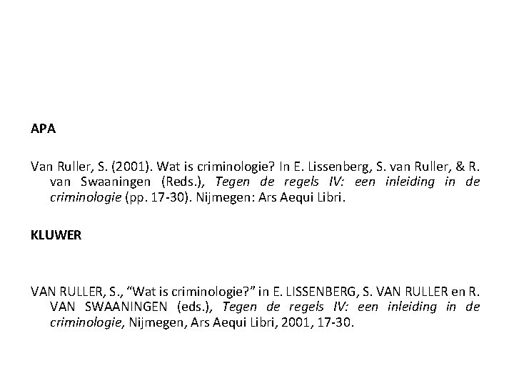 APA Van Ruller, S. (2001). Wat is criminologie? In E. Lissenberg, S. van Ruller,