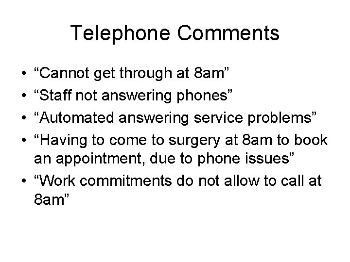 Telephone Comments • • “Cannot get through at 8 am” “Staff not answering phones”