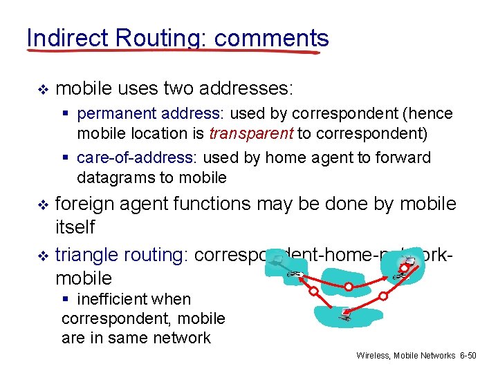 Indirect Routing: comments v mobile uses two addresses: § permanent address: used by correspondent