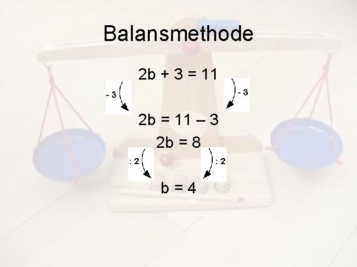 Balansmethode 2 b + 3 = 11 2 b = 11 – 3 2