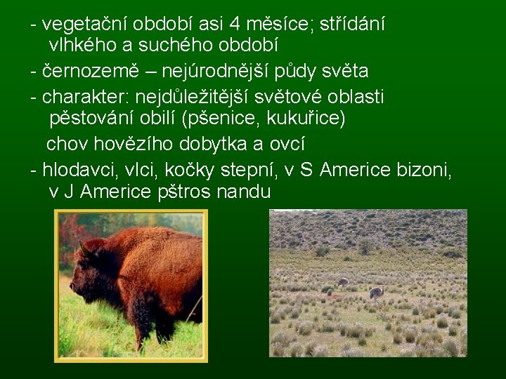 - vegetační období asi 4 měsíce; střídání vlhkého a suchého období - černozemě –