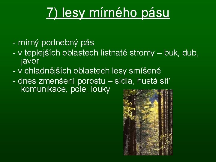 7) lesy mírného pásu - mírný podnebný pás - v teplejších oblastech listnaté stromy