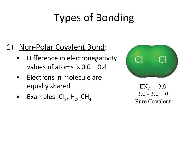 Types of Bonding 1) Non-Polar Covalent Bond: • Difference in electronegativity values of atoms