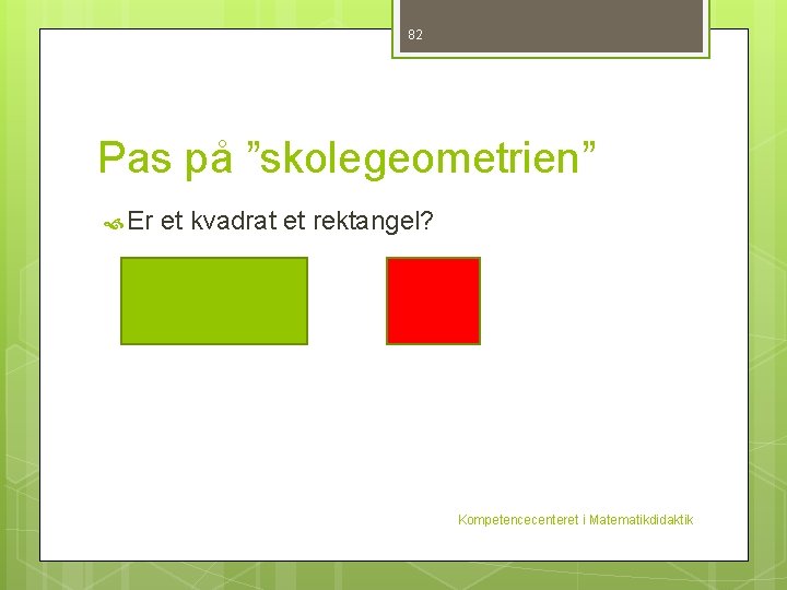 82 Pas på ”skolegeometrien” Er et kvadrat et rektangel? Kompetencecenteret i Matematikdidaktik 