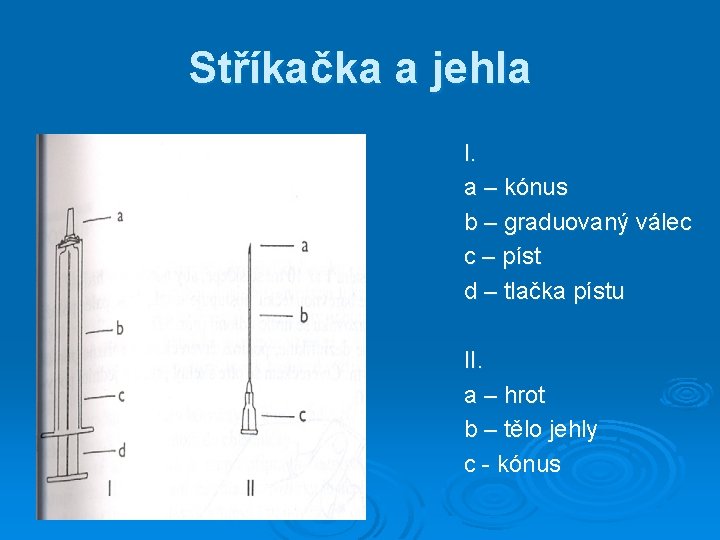 Stříkačka a jehla I. a – kónus b – graduovaný válec c – píst