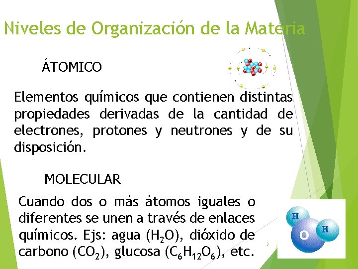 Niveles de Organización de la Materia ÁTOMICO Elementos químicos que contienen distintas propiedades derivadas