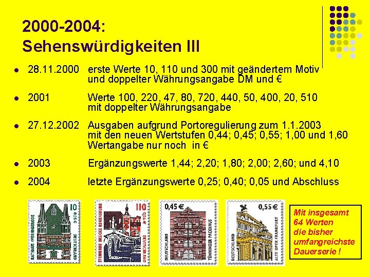 2000 -2004: Sehenswürdigkeiten III l 28. 11. 2000 erste Werte 10, 110 und 300