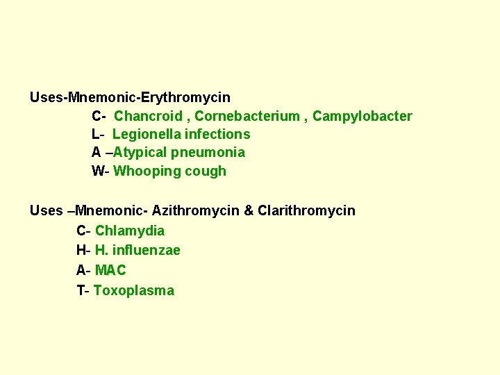 Uses-Mnemonic-Erythromycin C- Chancroid , Cornebacterium , Campylobacter L- Legionella infections A –Atypical pneumonia W-