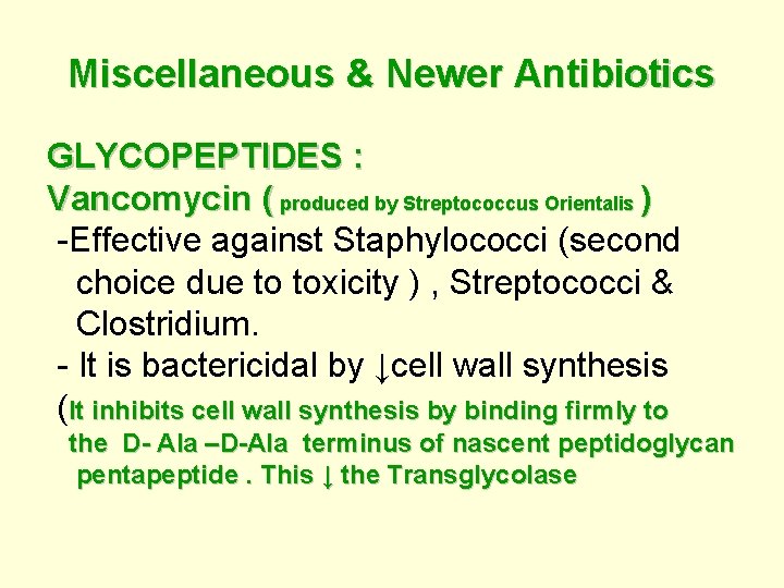 Miscellaneous & Newer Antibiotics GLYCOPEPTIDES : Vancomycin ( produced by Streptococcus Orientalis ) -Effective