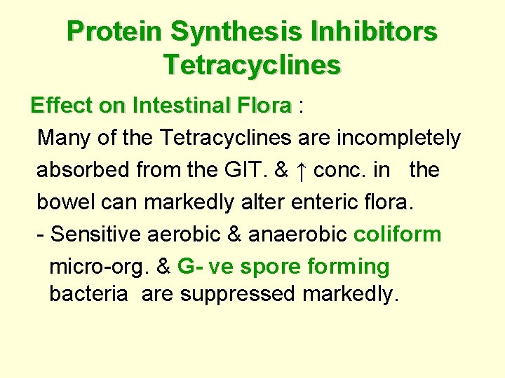 Protein Synthesis Inhibitors Tetracyclines Effect on Intestinal Flora : Flora Many of the Tetracyclines