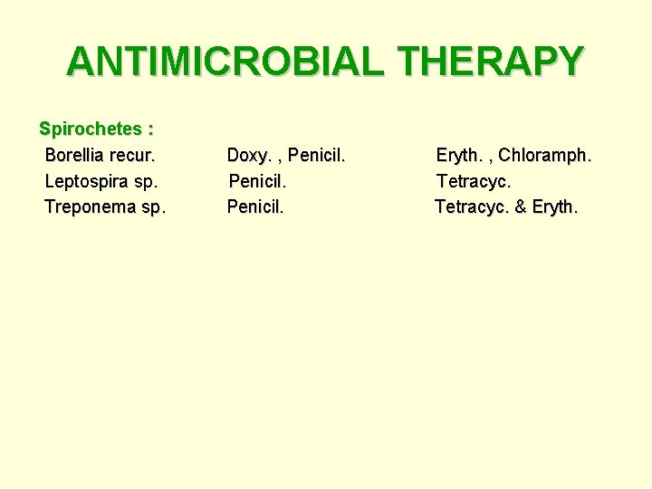 ANTIMICROBIAL THERAPY Spirochetes : Borellia recur. Doxy. , Penicil. Eryth. , Chloramph. Leptospira sp.