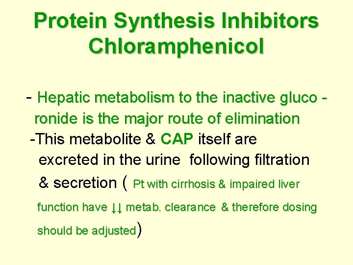 Protein Synthesis Inhibitors Chloramphenicol - Hepatic metabolism to the inactive gluco ronide is the
