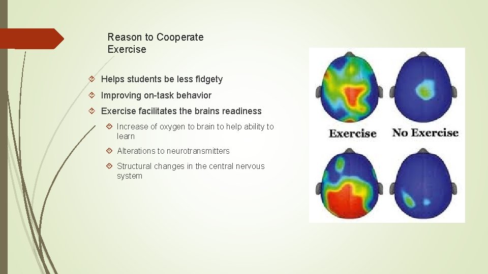 Reason to Cooperate Exercise Helps students be less fidgety Improving on-task behavior Exercise facilitates