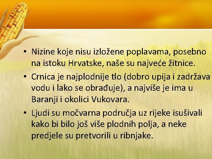  • Nizine koje nisu izložene poplavama, posebno na istoku Hrvatske, naše su najveće