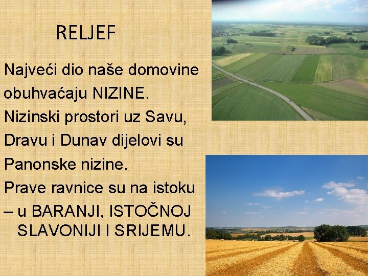 RELJEF Najveći dio naše domovine obuhvaćaju NIZINE. Nizinski prostori uz Savu, Dravu i Dunav