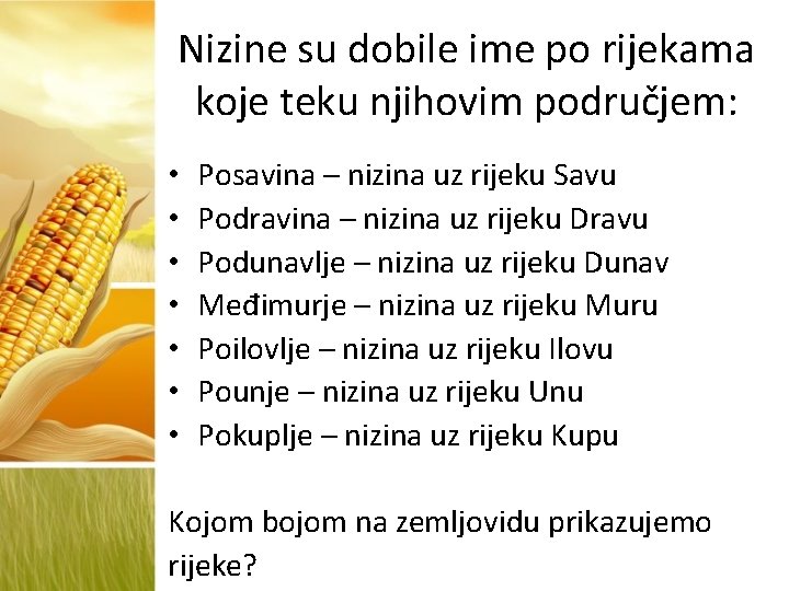 Nizine su dobile ime po rijekama koje teku njihovim područjem: • • Posavina –