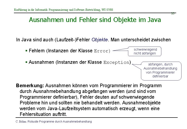 Einführung in die Informatik: Programmierung und Software-Entwicklung, WS 07/08 10 Ausnahmen und Fehler sind