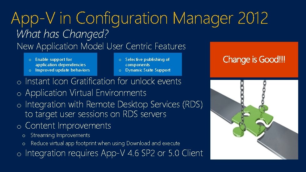 App-V in Configuration Manager 2012 What has Changed? New Application Model User Centric Features