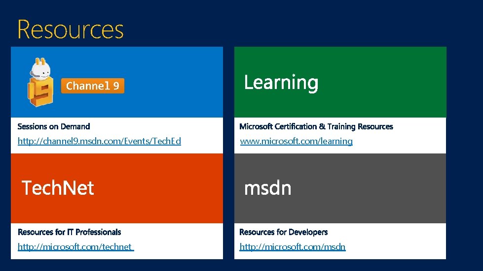 Resources http: //channel 9. msdn. com/Events/Tech. Ed www. microsoft. com/learning http: //microsoft. com/technet http: