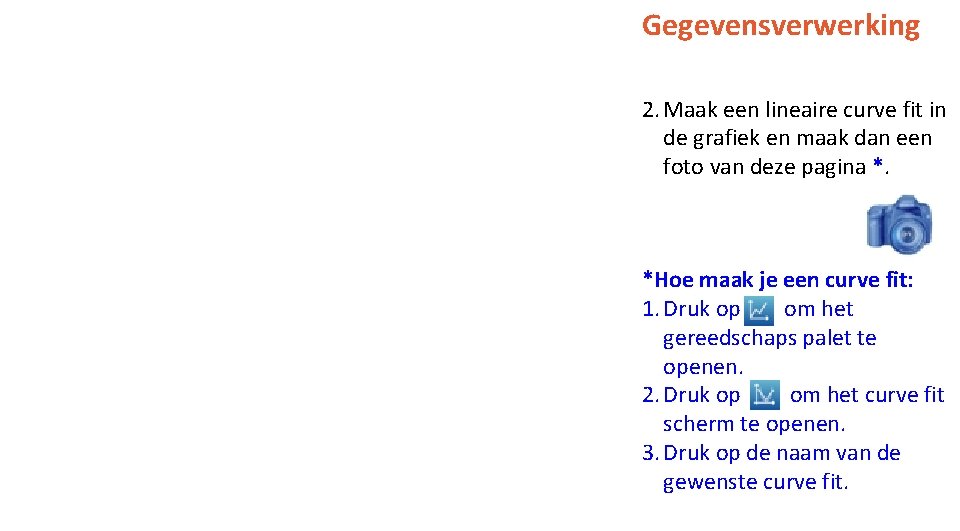 Gegevensverwerking 2. Maak een lineaire curve fit in de grafiek en maak dan een