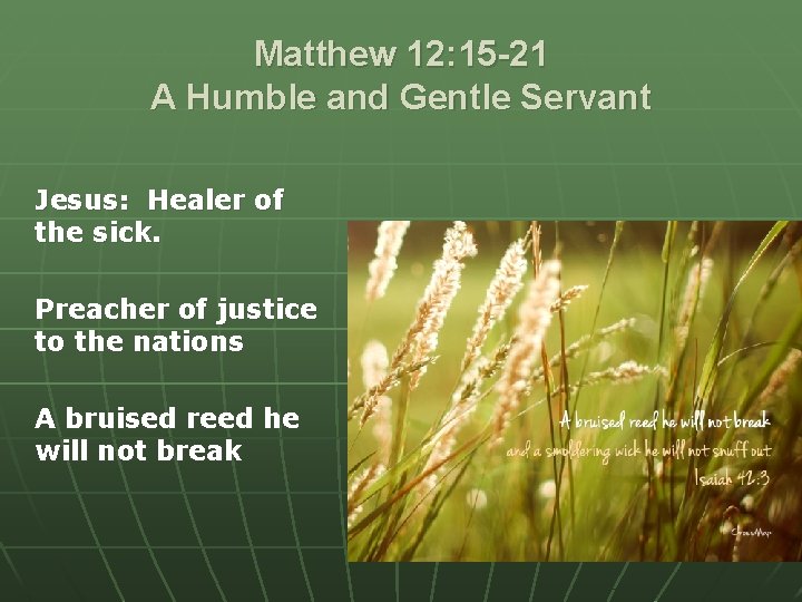 Matthew 12: 15 -21 A Humble and Gentle Servant Jesus: Healer of the sick.
