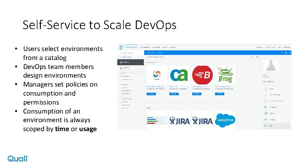 Self-Service to Scale Dev. Ops • Users select environments from a catalog • Dev.