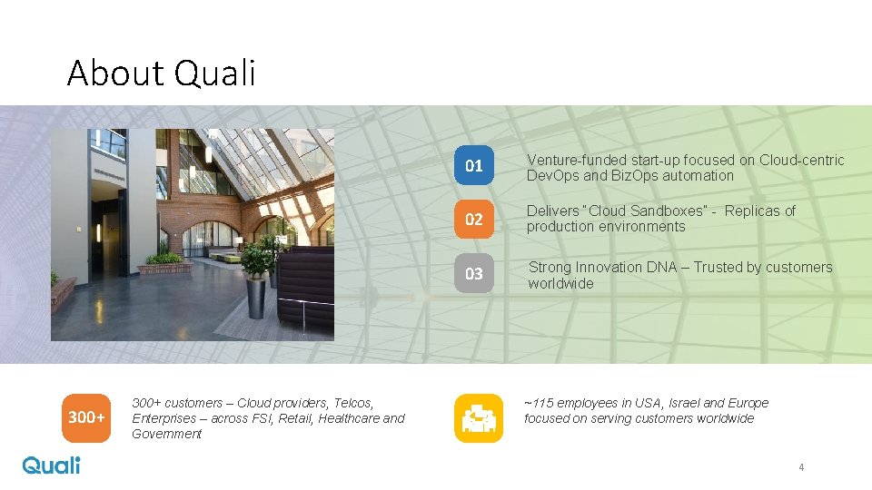 About Quali 300+ customers – Cloud providers, Telcos, Enterprises – across FSI, Retail, Healthcare