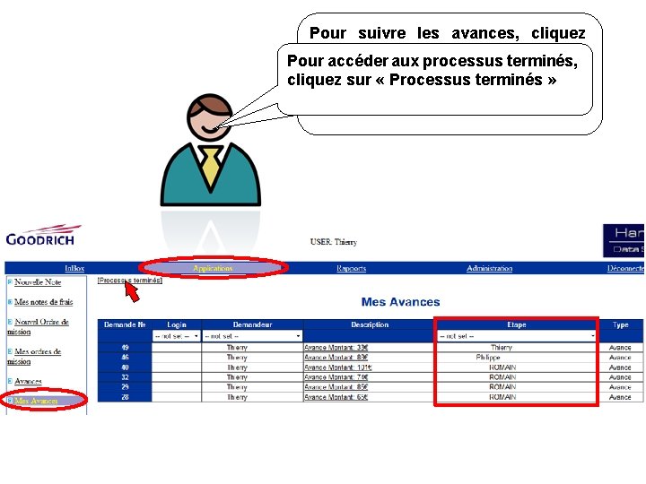 Pour suivre les avances, cliquez dans l’onglet « Applications » puis Pour accéder aux