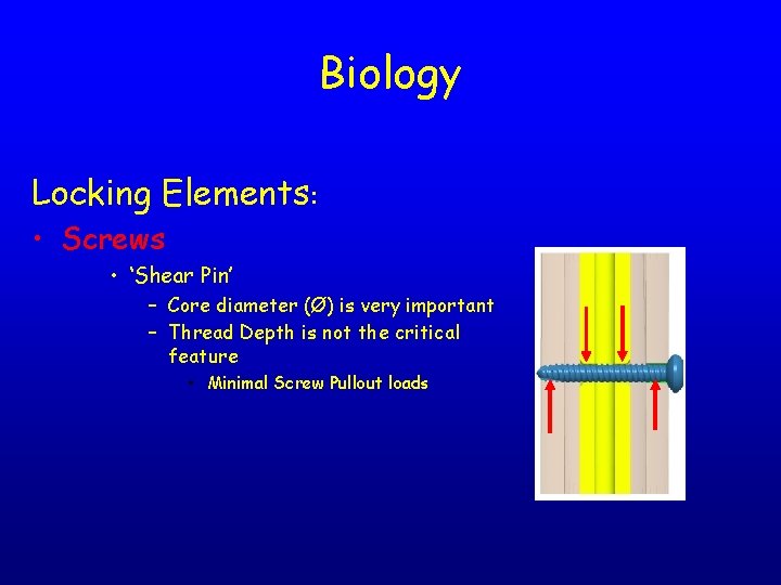 Biology Locking Elements: • Screws • ‘Shear Pin’ – Core diameter (Ø) is very