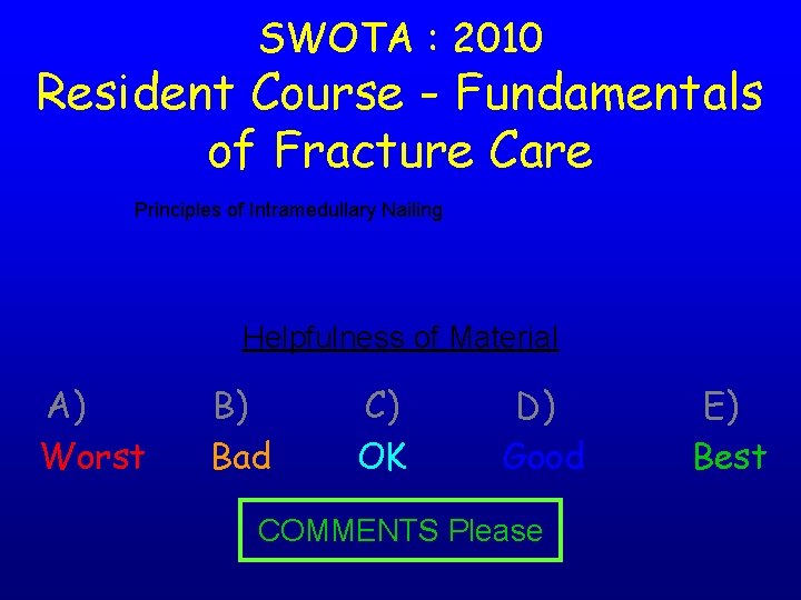 SWOTA : 2010 Resident Course - Fundamentals of Fracture Care Principles of Intramedullary Nailing