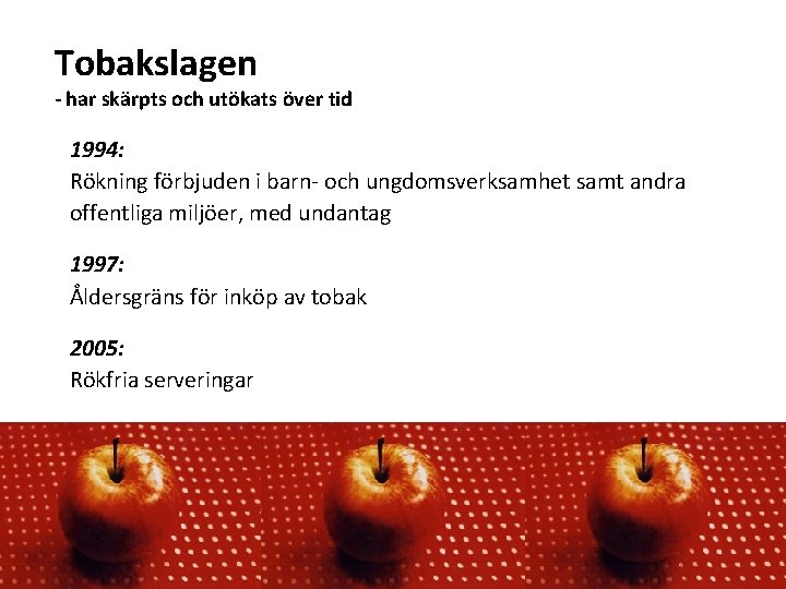 Tobakslagen - har skärpts och utökats över tid 1994: Rökning förbjuden i barn- och