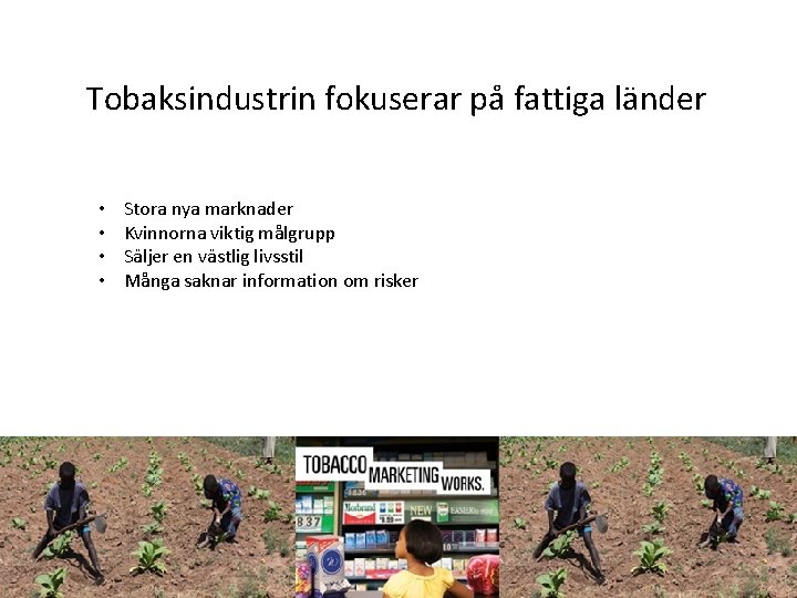 Tobaksindustrin fokuserar på fattiga länder • • Stora nya marknader Kvinnorna viktig målgrupp Säljer