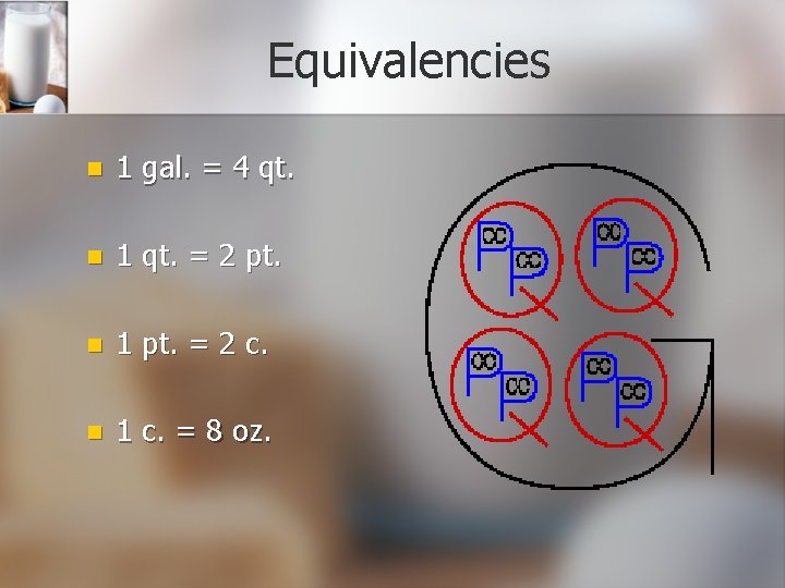 Equivalencies n 1 gal. = 4 qt. n 1 qt. = 2 pt. n