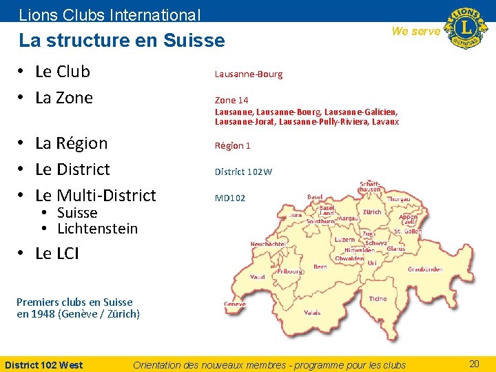 Lions Clubs International La structure en Suisse • Le Club • La Zone We